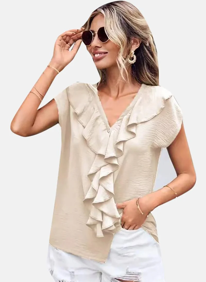 YUNIQEE Beige Solid Short Sleeve V Neck Tunics