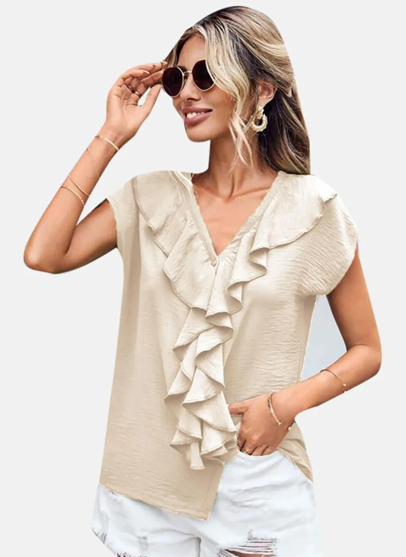 يونيكي Beige Solid Short Sleeve V Neck Tunics
