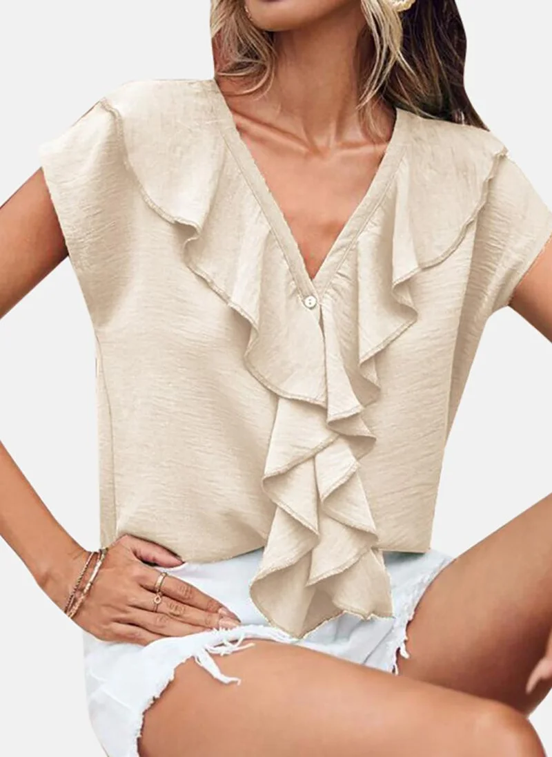 يونيكي Beige Solid Short Sleeve V Neck Tunics