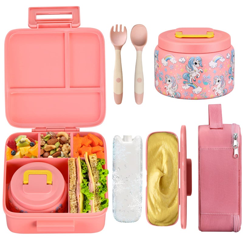 JXXM Bento Lunch Box for Kids With 8oz Soup Thermo,Leak-proof Lunch Containers with 5 Compartment,Thermos Food Jar and Lunch Bag, Food Containers for School (A-Pink(Fantasy Unicorn)) - Image 1