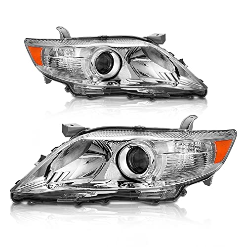 AS 2010 2011 Toyota Camry Headlight Assembly Replacement for 10-11 Toyota Camry Base/LE/XLE Sedan Projector Chrome Housing Amber Reflector Clear Lens Pair - Image 1