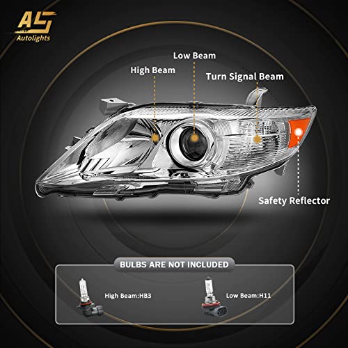 AS 2010 2011 Toyota Camry Headlight Assembly Replacement for 10-11 Toyota Camry Base/LE/XLE Sedan Projector Chrome Housing Amber Reflector Clear Lens Pair - Image 2