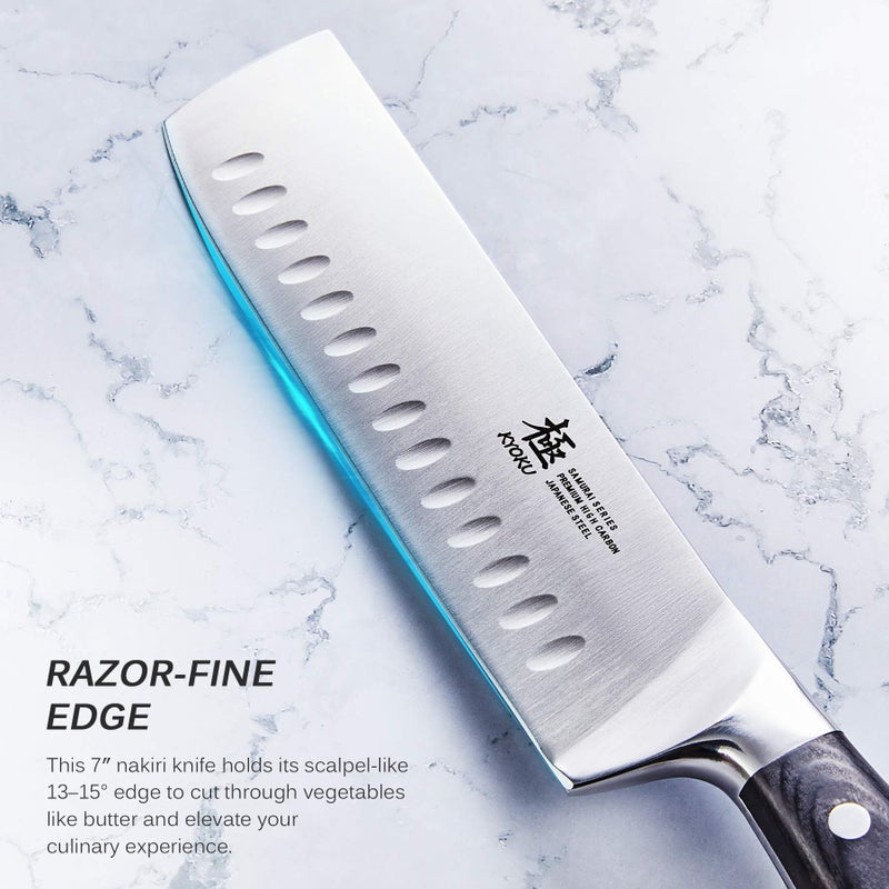 KYOKU Samurai Series - Nakiri Japanese Vegetable Knife 7" - Full Tang - Japanese High Carbon Steel Kitchen Knives - Pakkawood Handle with Mosaic Pin - with Sheath & Case - Image 3