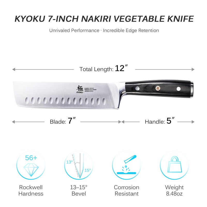 KYOKU Samurai Series - Nakiri Japanese Vegetable Knife 7" - Full Tang - Japanese High Carbon Steel Kitchen Knives - Pakkawood Handle with Mosaic Pin - with Sheath & Case - Image 5