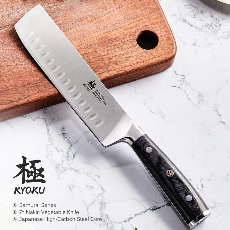 KYOKU Samurai Series - Nakiri Japanese Vegetable Knife 7" - Full Tang - Japanese High Carbon Steel Kitchen Knives - Pakkawood Handle with Mosaic Pin - with Sheath & Case - Image 2