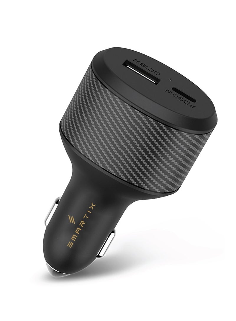 Smartix Premium 108W Car Charger USB-C PD 3.0 & QC 3.0 | 90W USB-C Fast Charger for Laptop, Phone & Tablet | Dual Port – Type-C & USB-A | All-Metal Body, MultiProtect Safety – Black - Image 3