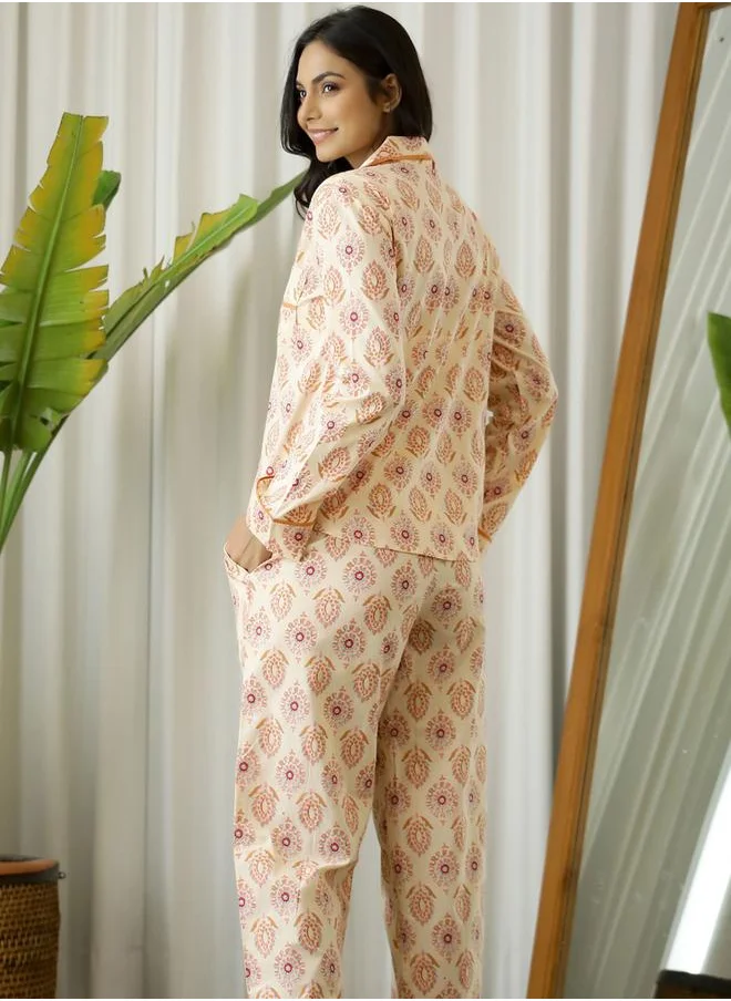 sanskrutihomes All Over Print Cotton Shirt & Pyjama Set by Styli