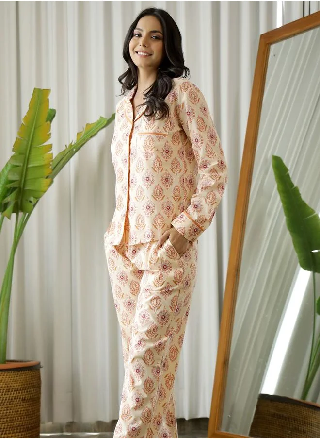 sanskrutihomes All Over Print Cotton Shirt & Pyjama Set by Styli