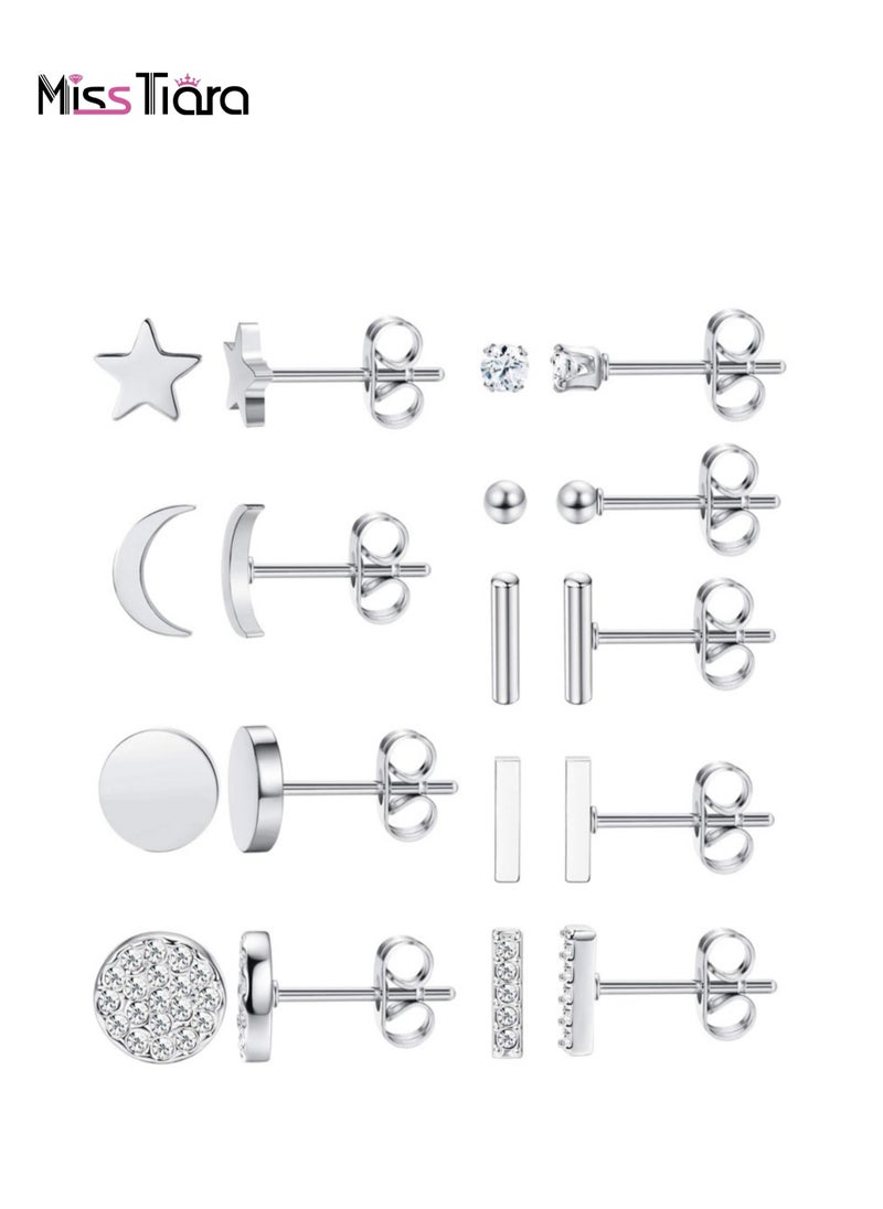 MissTiara 9 Pairs Stainless Steel Stud Earrings Set for Men and Women Unisex  - Image 1