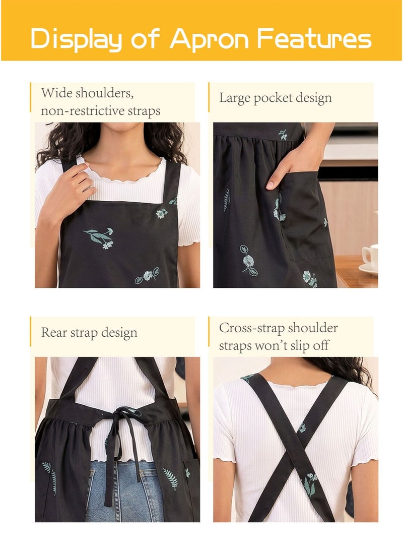 apron, artistic style, suitable for florists, home, kitchen, or work. Features large-capacity pockets, waterproof and oil-proof, comfortable and breathable floral pattern (black) - Image 3