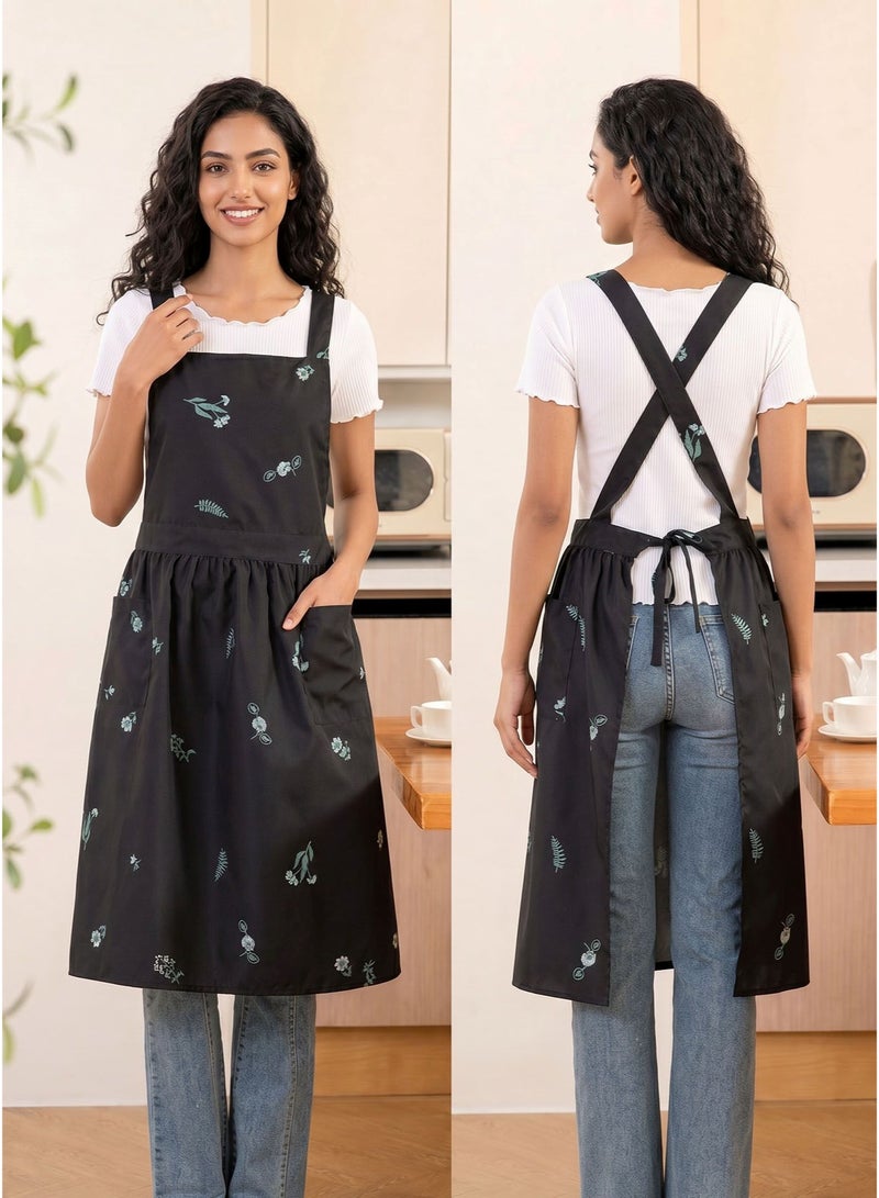 apron, artistic style, suitable for florists, home, kitchen, or work. Features large-capacity pockets, waterproof and oil-proof, comfortable and breathable floral pattern (black) - Image 2