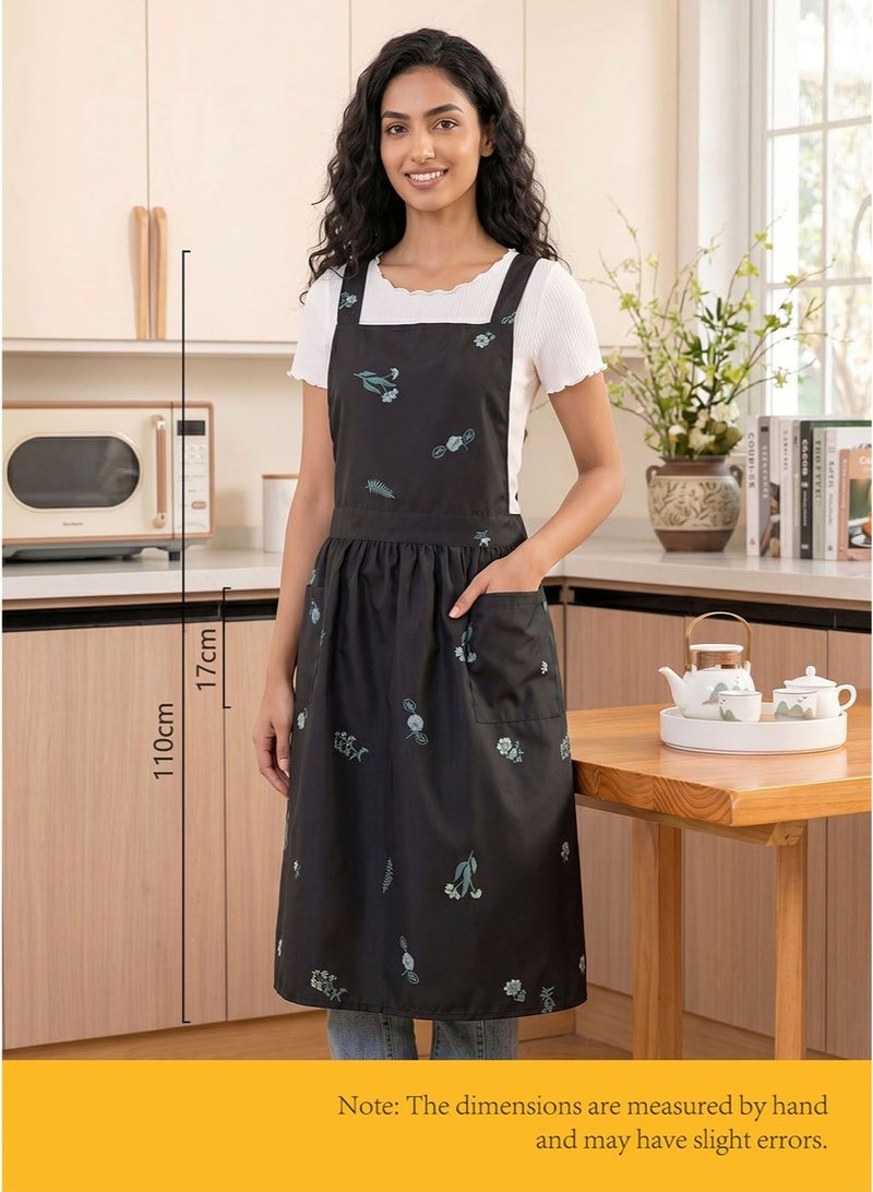 apron, artistic style, suitable for florists, home, kitchen, or work. Features large-capacity pockets, waterproof and oil-proof, comfortable and breathable floral pattern (black) - Image 5