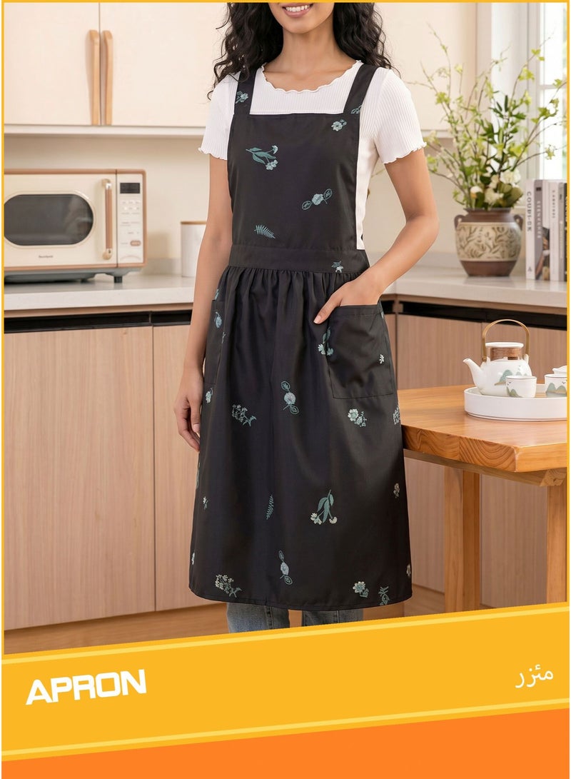 apron, artistic style, suitable for florists, home, kitchen, or work. Features large-capacity pockets, waterproof and oil-proof, comfortable and breathable floral pattern (black) - Image 1