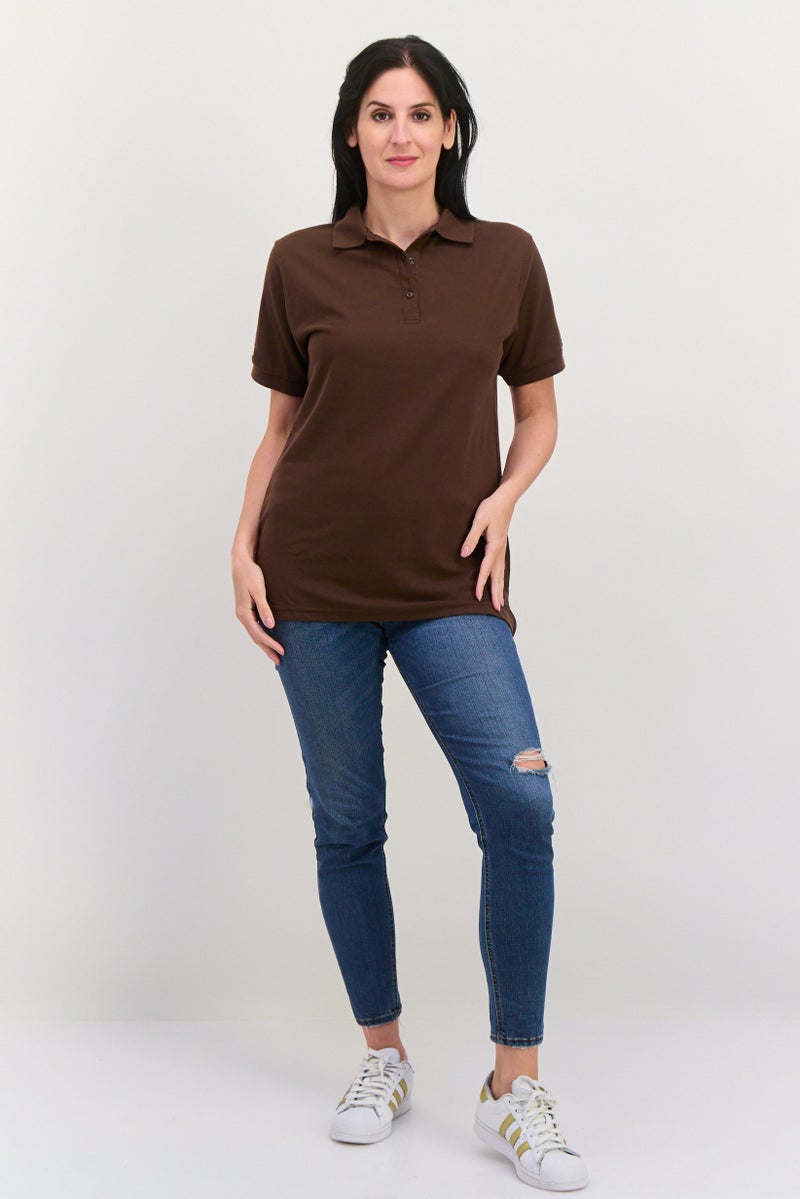 Featherlite Women Spread Collar Short Sleeves Textured Polo Shirt, Brown  - Image 4
