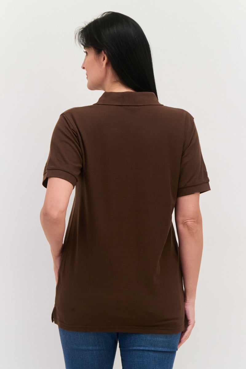 Featherlite Women Spread Collar Short Sleeves Textured Polo Shirt, Brown  - Image 3