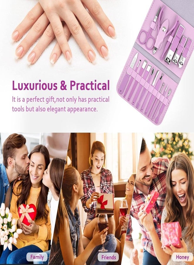 GLNRM 16 Piece Manicure Set Nail Clipper Kit | Stainless Steel Nail Cutter Care Tools Grooming Kits | Nail Trimming With Case Eyebrow Scissors Ear Spoons Tweezers Metal Nail Clippers - Image 2