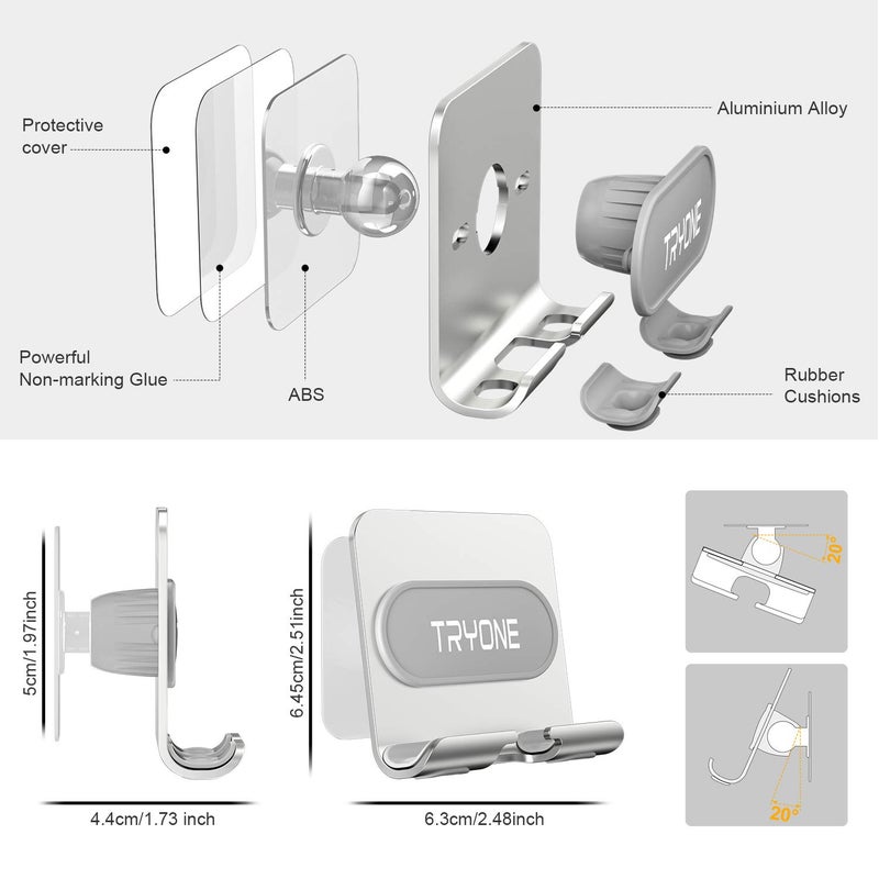 Tryone Wall Mount Cell Phone Holder - Mirror Adjustable Cellphone Stand with 2Pcs Adhesive Sticky Pads for Bathroom Bedroom Kitchen or Dorm, Compatible with iPhone Series or Other Smartphones - Image 2