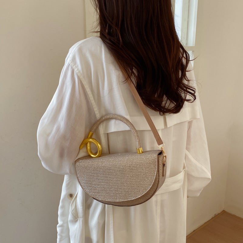 Glitter Woven Half Moon Mini Handbag Twisted Gold Metal Decor Handle Detachable Adjustable PU Crossbody Strap Flip Closure Medium Capacity Bag For Wedding Banquet Evening Party Elegant Formal Outfits - Image 2