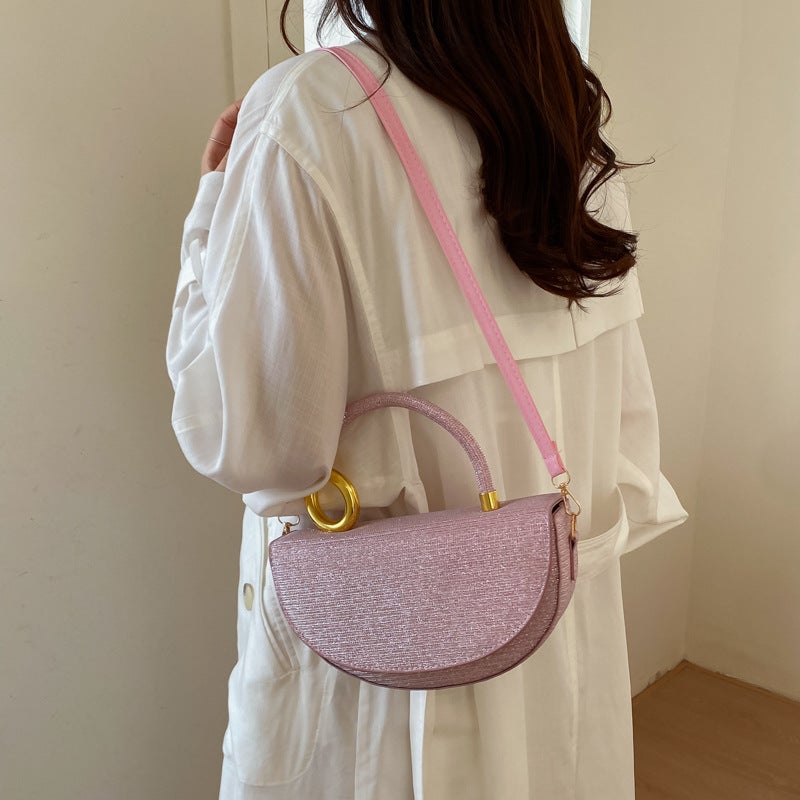 Glitter Woven Half Moon Mini Handbag Twisted Gold Metal Decor Handle Detachable Adjustable PU Crossbody Strap Flip Closure Medium Capacity Bag For Wedding Banquet Evening Party Elegant Formal Outfits - Image 4