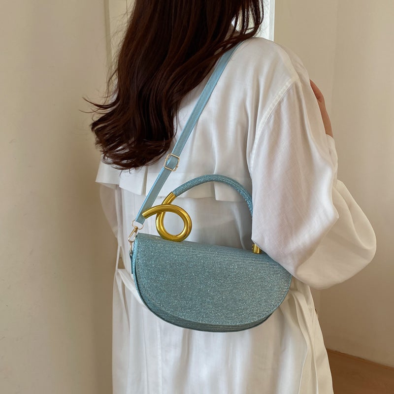 Glitter Woven Half Moon Mini Handbag Twisted Gold Metal Decor Handle Detachable Adjustable PU Crossbody Strap Flip Closure Medium Capacity Bag For Wedding Banquet Evening Party Elegant Formal Outfits - Image 3