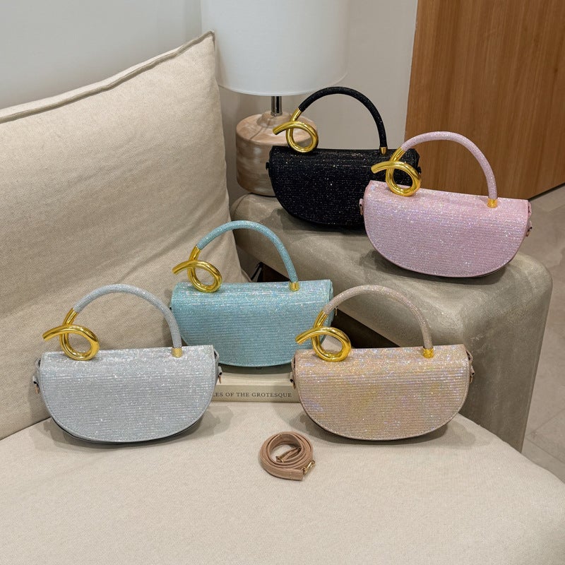 Glitter Woven Half Moon Mini Handbag Twisted Gold Metal Decor Handle Detachable Adjustable PU Crossbody Strap Flip Closure Medium Capacity Bag For Wedding Banquet Evening Party Elegant Formal Outfits - Image 5