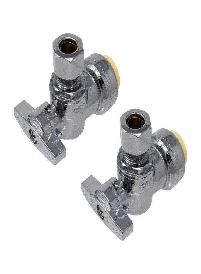 PROCURU 2-Pack PushFit Angle Stop Valve 1/2" x 3/8" OD Compression, Push to Connect Copper, PEX, CPVC, PE-RT, Quarter-Turn Operation (8X1012-2P) - Image 1