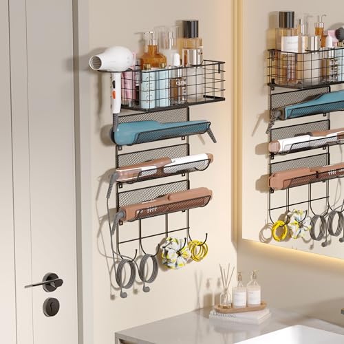 Sonyabecca Wall-Mounted Hair Dryer Holder Styling Tool Organizer 4-Shelf Storage Wire Basket with Hook Heat Safe Rack for Hair-Straighteners,Curling Wands,Flat Iron,Perfume,Cabinet Door Bathroom Kitchen - Image 1