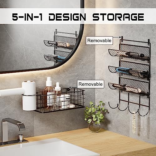 Sonyabecca Wall-Mounted Hair Dryer Holder Styling Tool Organizer 4-Shelf Storage Wire Basket with Hook Heat Safe Rack for Hair-Straighteners,Curling Wands,Flat Iron,Perfume,Cabinet Door Bathroom Kitchen - Image 5