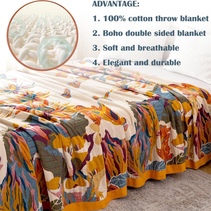 MSGKV Boho Throw Blanket for Bed 100% Cotton Throw Floral Couch Blanket 80''x90'', Spring Breathable Travel Muslin Blanket for Women Home Decor - Image 5