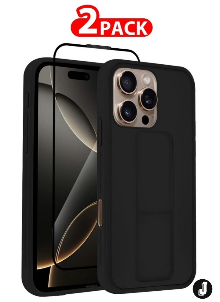 JAJEEK "2-Pack Premium PU Leather Case & Screen Protector for iPhone 16 Pro Max – Shockproof, Anti-Scratch, Stand Function, Finger Grip Case Cover (Black)" - Image 1