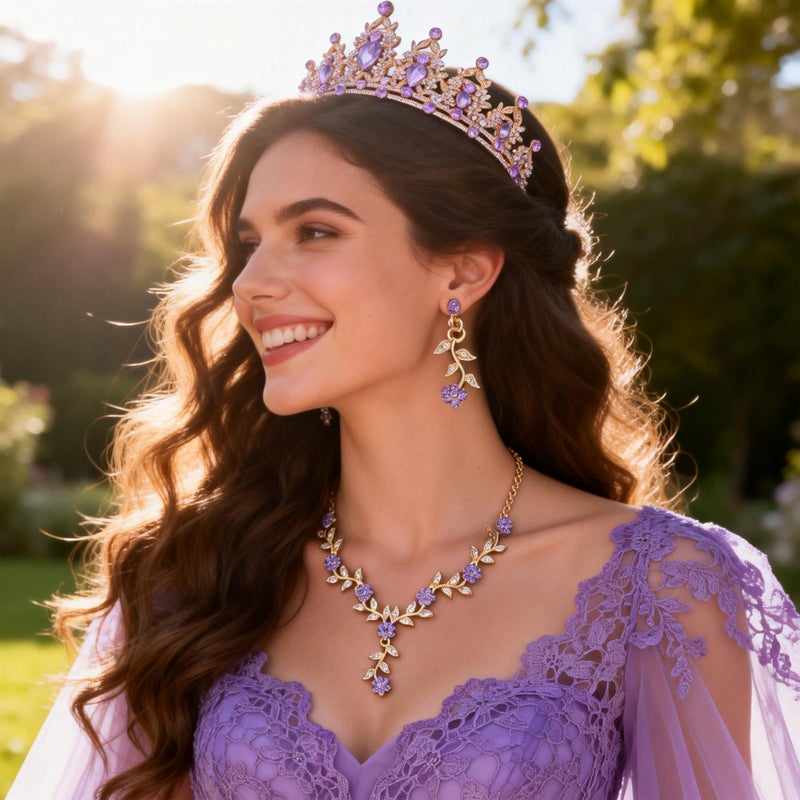 Kamirola Tiaras and Crowns for Women,Tiaras Earrings Necklace, Crystal Bridal Jewelry Set, Costume Party Halloween Prom Pageant Jewelry for Women(TR45) (Gold Purple) - Image 2