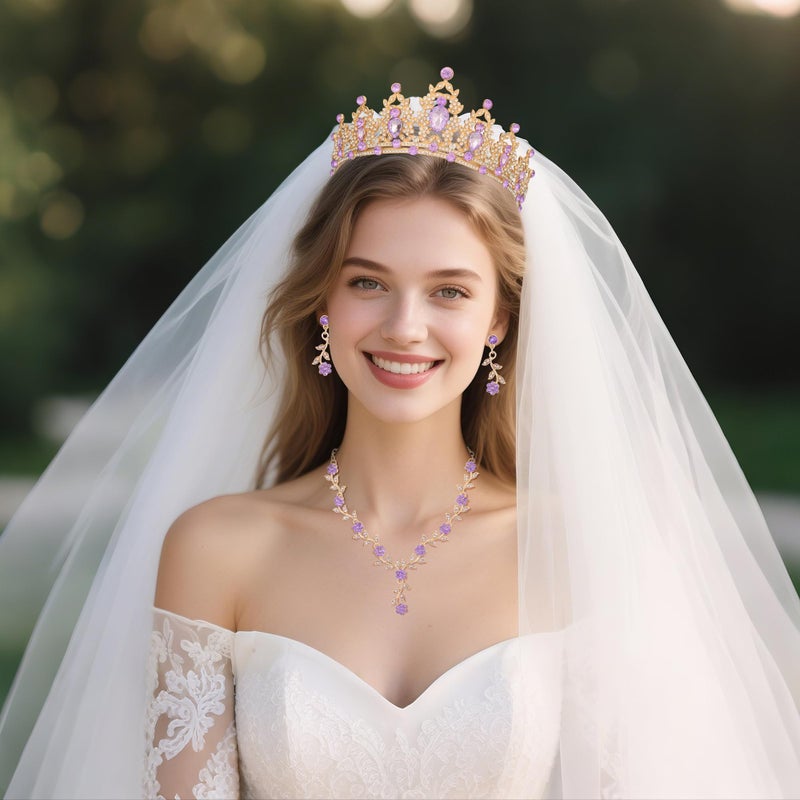 Kamirola Tiaras and Crowns for Women,Tiaras Earrings Necklace, Crystal Bridal Jewelry Set, Costume Party Halloween Prom Pageant Jewelry for Women(TR45) (Gold Purple) - Image 5