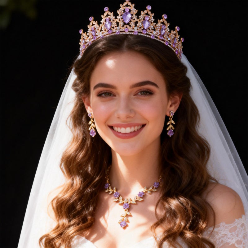 Kamirola Tiaras and Crowns for Women,Tiaras Earrings Necklace, Crystal Bridal Jewelry Set, Costume Party Halloween Prom Pageant Jewelry for Women(TR45) (Gold Purple) - Image 3