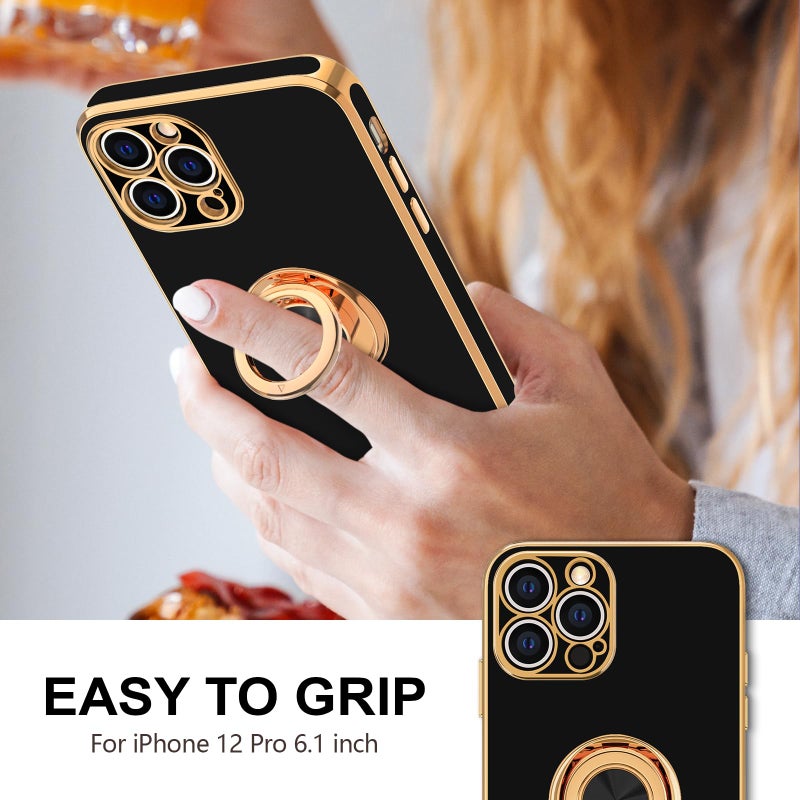 Hython Case for iPhone 12 Pro Case with Ring Stand [360Â° Rotatable Ring Holder Magnetic Kickstand] Luxury Plating Rose Gold Soft TPU Bumper Shockproof Protective Phone Cases Cover Women Girls, Black - Image 2