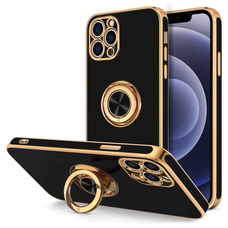 Hython Case for iPhone 12 Pro Case with Ring Stand [360Â° Rotatable Ring Holder Magnetic Kickstand] Luxury Plating Rose Gold Soft TPU Bumper Shockproof Protective Phone Cases Cover Women Girls, Black - Image 1