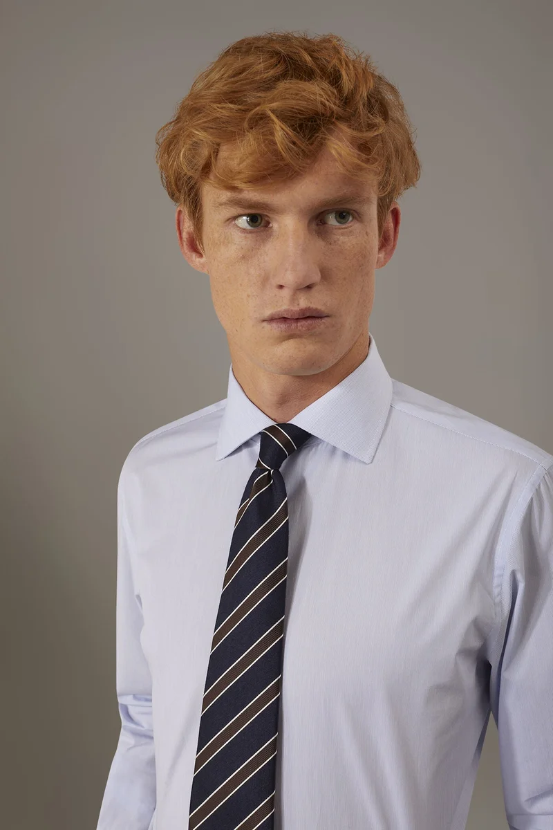 دوبل غانغر Classic shirt french collar slim fityarn dyed thin stripes - White/LT Sky