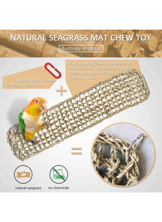 28.3in Bird Seagrass Mat,Natural Grass Woven Net Hammock Hanging on Parrot Cage with 4 Hooks,Parakeet Climbing Rope Ladder Chew Toys for Lovebird Conure Budgie,Cockatoo Supplies - Image 3