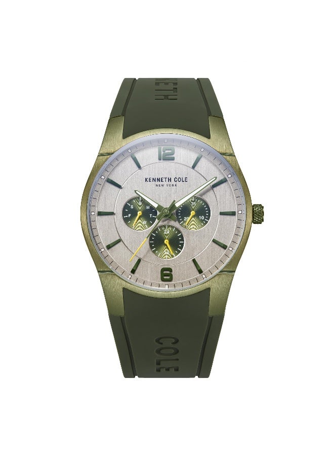 Kenneth Cole New York ساعة أنالوج رياضية عصرية للرجال بقرص رمادي دافئ وحزام سيليكون زيتوني - 42 مم - Image 1