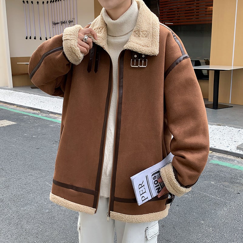 Cashmere Jacket Mens Winter Korean-style Harajuku Style Loose Trendy Brand ins Simple All-match Lapel Cotton-padded Coat Cardigan Brown  - Image 1