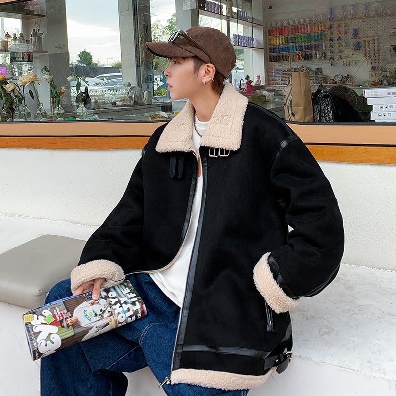 Cashmere Jacket Mens Winter Korean-style Harajuku Style Loose Trendy Brand ins Simple All-match Lapel Cotton-padded Coat Cardigan Brown  - Image 5