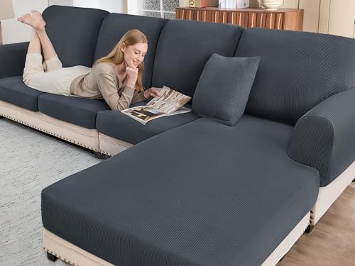 BT.WA BTWA Sectional Couch Covers for Sofa Cushion L Shaped Couch Cover Washable Soft Couch Cushion Covers Stretch Sofa Slipcovers1Piece for Chaise or Sofa 3Seater Dark Grey - Image 1