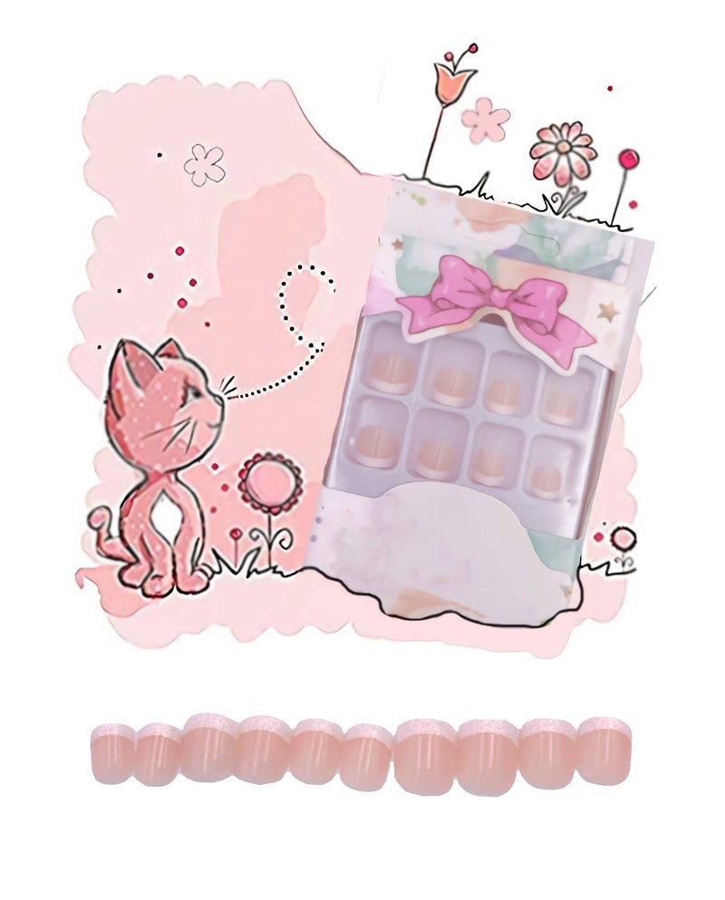 MISUD French Fake Nails 24pcs Classic Natural PreGlued Short Square Shape with Shiny Edge False Nails for Kids and Teen Girls Full Cover Artificial Nails