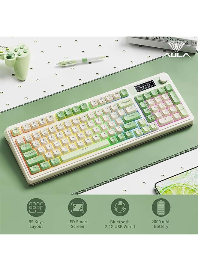 AULA - AULA S99 Pro Wireless Keyboard, Display Screen & Media Knob, Tri-Mode Bluetooth/2.4G/USB-C RGB Creamy Gaming Keyboard with Number Pad Macro Keys, Custom Computer Keyboards for Laptop PC Gamer - Green - Image 1