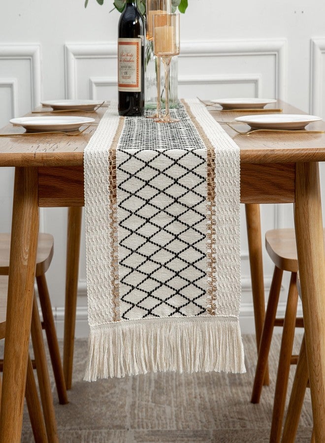 Mayler Yee Table Runner Linear End, Boho Style with Tassels, Cotton & Linen, Farmhouse Home Decor for Living Room Dresser Scarfs (12x72Inch, Black & Beige) - Image 4