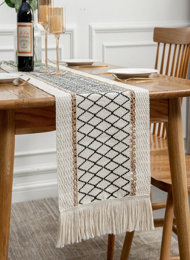 Mayler Yee Table Runner Linear End, Boho Style with Tassels, Cotton & Linen, Farmhouse Home Decor for Living Room Dresser Scarfs (12x72Inch, Black & Beige) - Image 1
