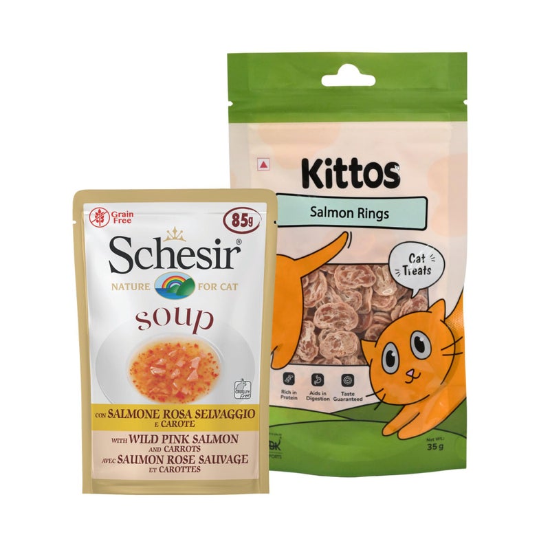 Schesir Pink Salmon & Carrot Cat Soup 85g + Kittos Salmon Rings 35g Nourishing Soup Meal + Tasty Fish Treat High Protein Combo for Adult Cats Natural Ingredients - Image 1
