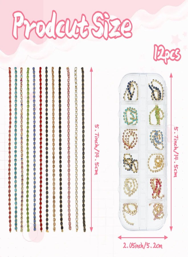 LUSTRIB 12 Pcs Nail Chains for Nail Art, Gold Nail Chains with Rhinestone Decorations, 12 Colors Nail Jewelry Charms with Storage Box for Manicure Decoration - Image 2