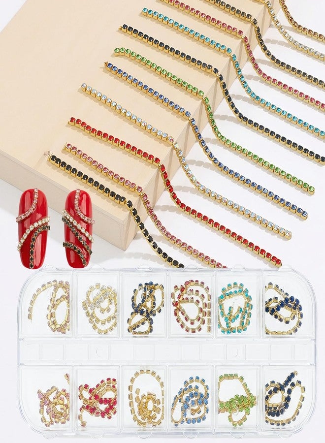 LUSTRIB 12 Pcs Nail Chains for Nail Art, Gold Nail Chains with Rhinestone Decorations, 12 Colors Nail Jewelry Charms with Storage Box for Manicure Decoration - Image 1