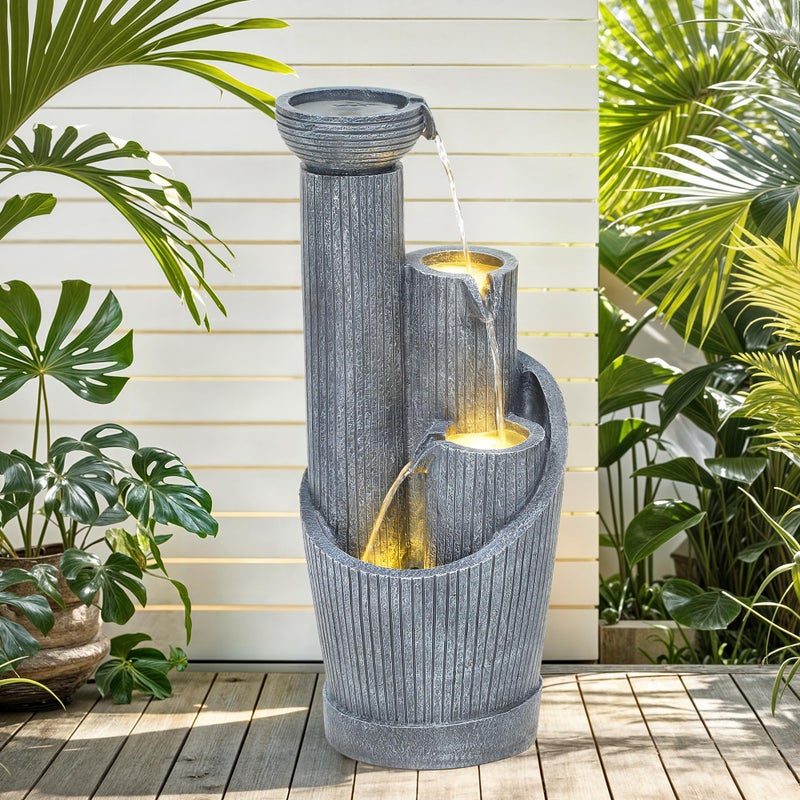 Autodaya 31" Modern Outdoor Water Fountain with LED Lights, 5-Tier Twist Pedestal Bowl Garden Fountain, Cascading Waterfall for Relaxing Garden, Patio, Backyard, Deck, Porch or Home Decor - Image 2