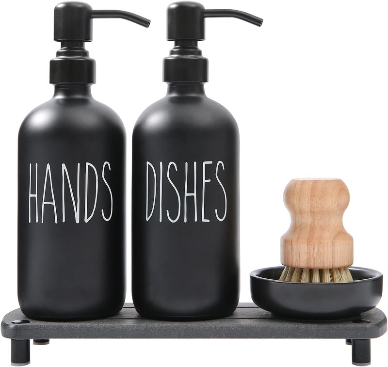 MOMEEMO Matte Black Soap Dispenser Set Comes with Stainless Steel Pumps, Instant Dry Tray, and Dish Scrub Brush, Suitable for Matte Black Kitchen Accessories. (Black) - Image 1